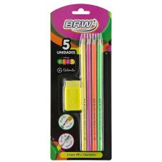 Kit Escolar 5 Unidades Neon 4 Lápis hb Preto e 1 Borracha BRW